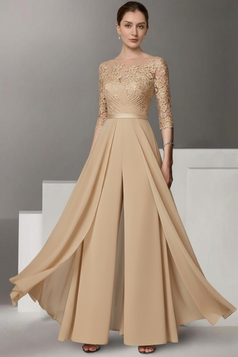 Champagne Half Sleeves Chiffon Mother of Bride Jumpsuit with Appliques - Prom Dresses
