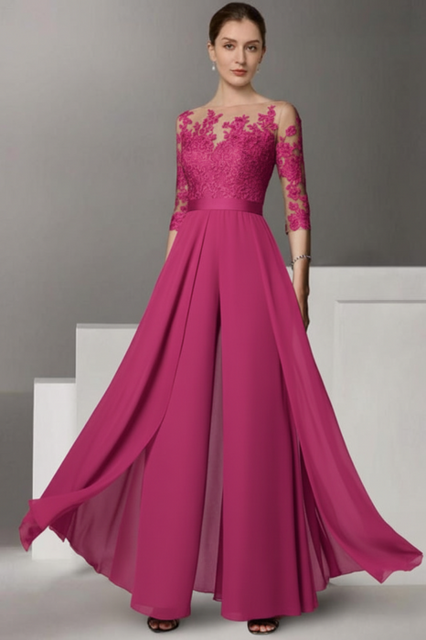 Fuchsia Half Sleeves Chiffon Mother of Bride Jumpsuit with Appliques - Prom Dresses
