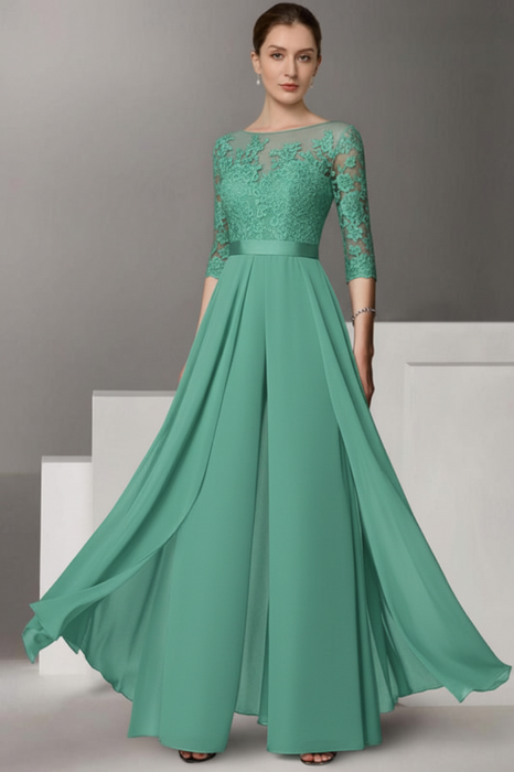 Mint Half Sleeves Chiffon Mother of Bride Jumpsuit with Appliques - Prom Dresses