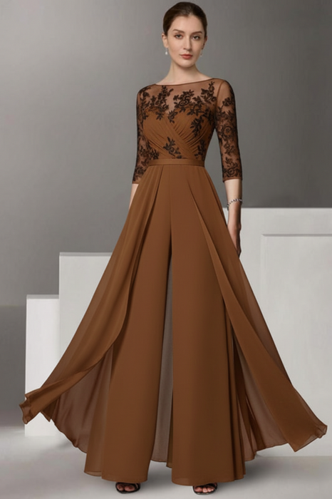 Brown Half Sleeves Chiffon Mother of Bride Jumpsuit with Appliques - Prom Dresses