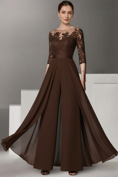 Chocolate Half Sleeves Chiffon Mother of Bride Jumpsuit with Appliques - Prom Dresses