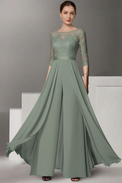 Sage Half Sleeves Chiffon Mother of Bride Jumpsuit with Appliques - Prom Dresses