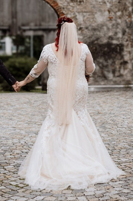 Half Sleeves Mermaid Wedding Dress Plus Size V-neck Tulle Lace Bridal Gown