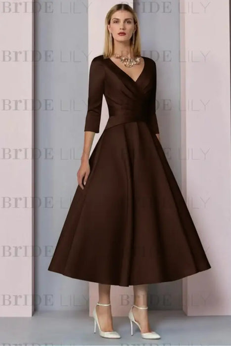 Chocolate Half Sleeves Satin Wedding Guest Dress Ankle Length Mother of the Bride Dress - Prom Dresses
