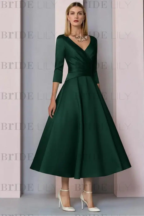 Dark Green Half Sleeves Satin Wedding Guest Dress Ankle Length Mother of the Bride Dress - Prom Dresses