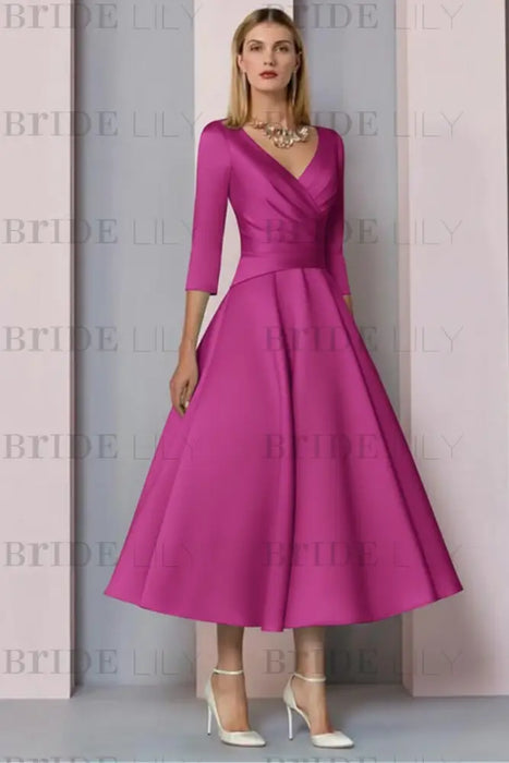 Fuchsia Half Sleeves Satin Wedding Guest Dress Ankle Length Mother of the Bride Dress - Prom Dresses