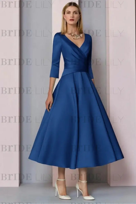 Royal Blue Half Sleeves Satin Wedding Guest Dress Ankle Length Mother of the Bride Dress - Prom Dresses