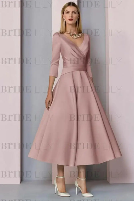 Dusty Rose Half Sleeves Satin Wedding Guest Dress Ankle Length Mother of the Bride Dress - Prom Dresses