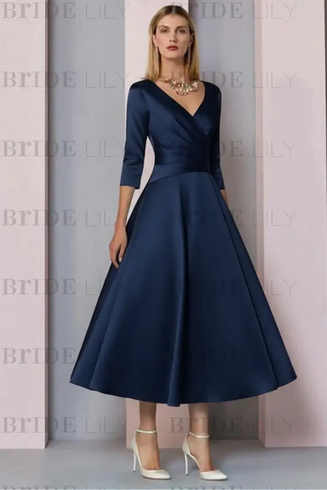 Navy Blue Half Sleeves Satin Wedding Guest Dress Ankle Length Mother of the Bride Dress - Prom Dresses