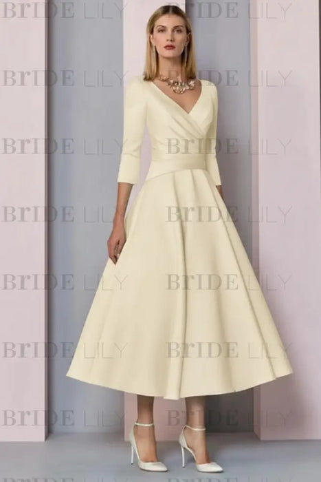 Ivory Half Sleeves Satin Wedding Guest Dress Ankle Length Mother of the Bride Dress - Prom Dresses