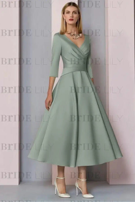 Sage Half Sleeves Satin Wedding Guest Dress Ankle Length Mother of the Bride Dress - Prom Dresses