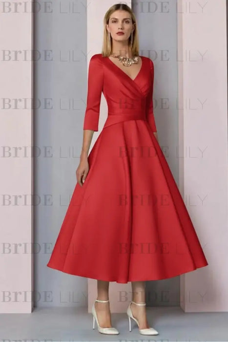 Watermelon Half Sleeves Satin Wedding Guest Dress Ankle Length Mother of the Bride Dress - Prom Dresses