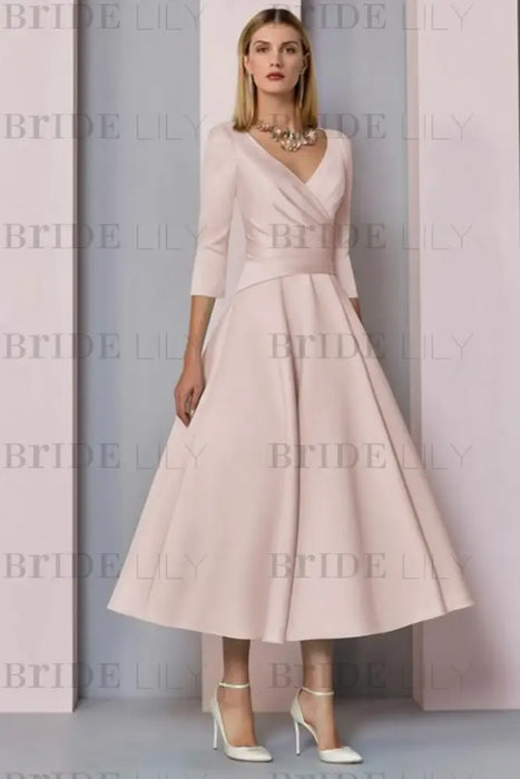 Blush Pink Half Sleeves Satin Wedding Guest Dress Ankle Length Mother of the Bride Dress - Prom Dresses