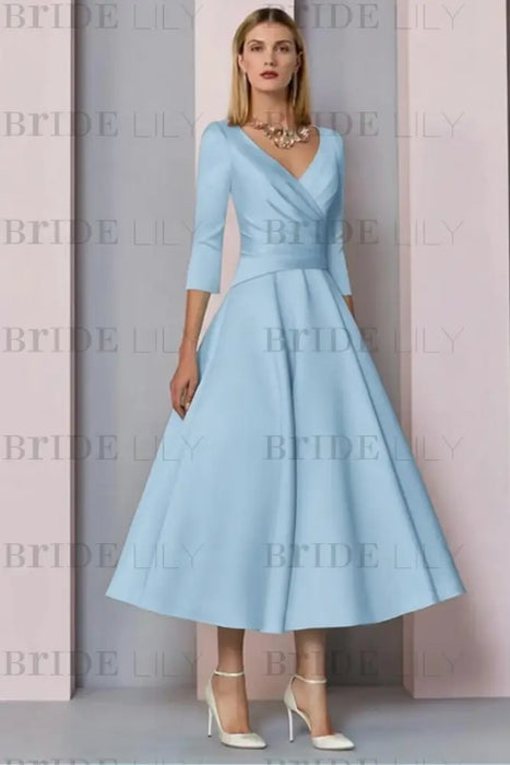 Sky Blue Half Sleeves Satin Wedding Guest Dress Ankle Length Mother of the Bride Dress - Prom Dresses
