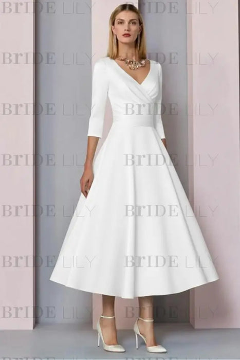 White Half Sleeves Satin Wedding Guest Dress Ankle Length Mother of the Bride Dress - Prom Dresses