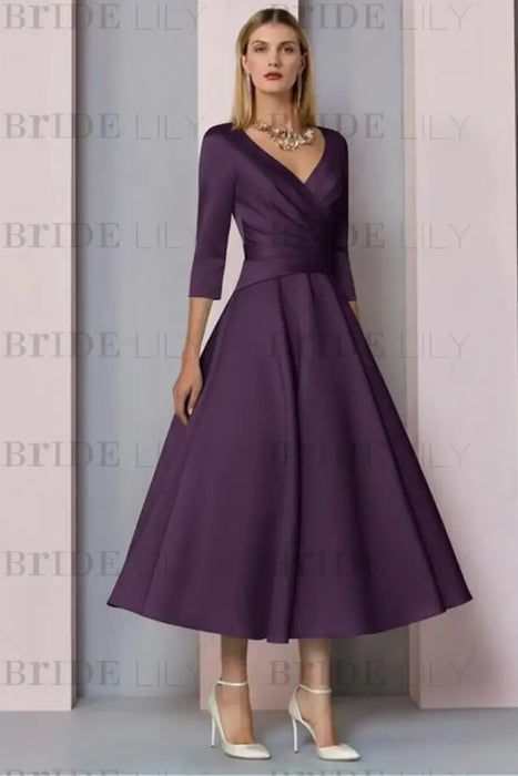 Grape Half Sleeves Satin Wedding Guest Dress Ankle Length Mother of the Bride Dress - Prom Dresses