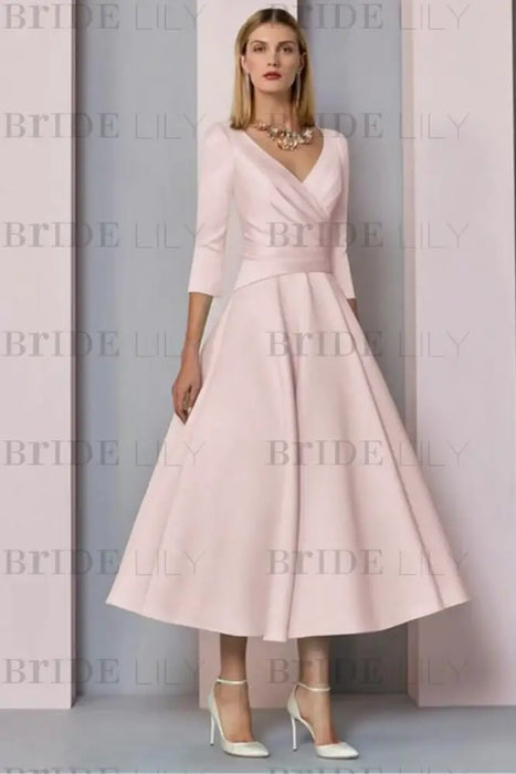 Pearl Pink Half Sleeves Satin Wedding Guest Dress Ankle Length Mother of the Bride Dress - Prom Dresses