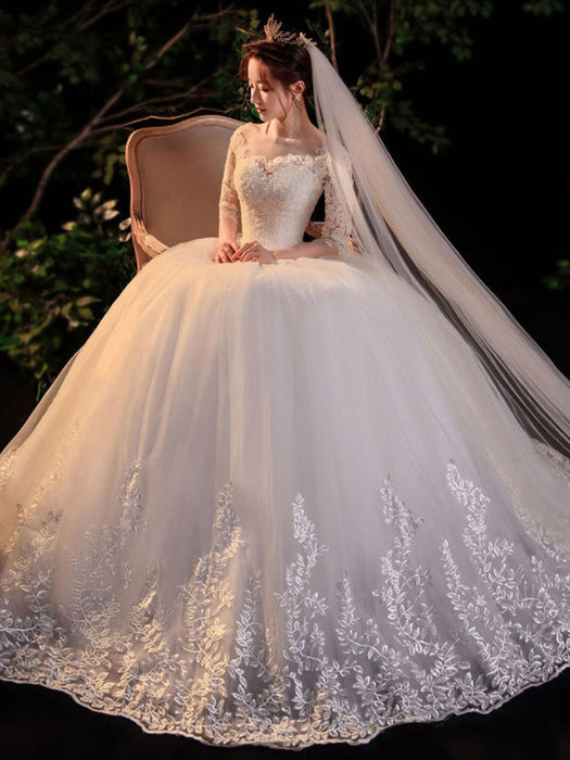 Simple Wedding Dress Eric White Ball Gown Jewel Neck Half Sleeves Applique Long Bridal Dresses