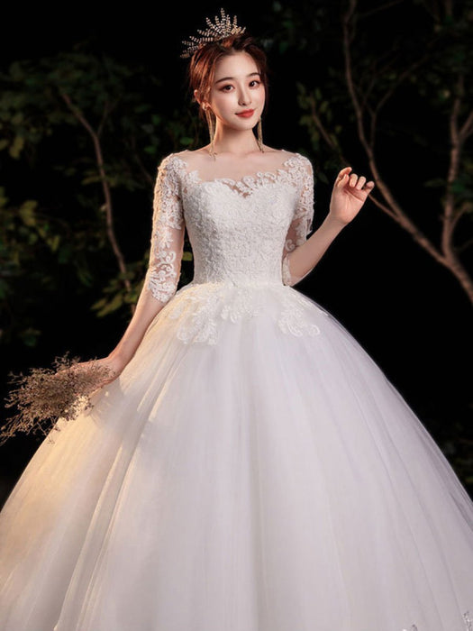 Simple Wedding Dress Eric White Ball Gown Jewel Neck Half Sleeves Applique Long Bridal Dresses