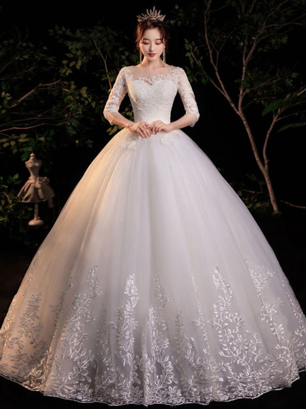 fitted lace wedding dress Long White Chiffon Formal Dress with Long Sleeves Off White / 2XSmall main image 0