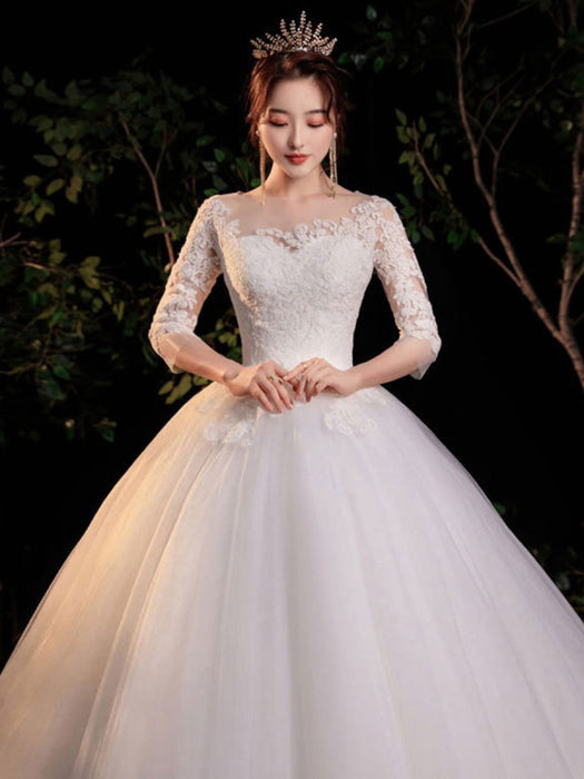 jewel long sleeve drop waist tulle wedding dress Shiny Ball Gown Tulle Jewel Long Sleevess Ruffless Wedding Dress