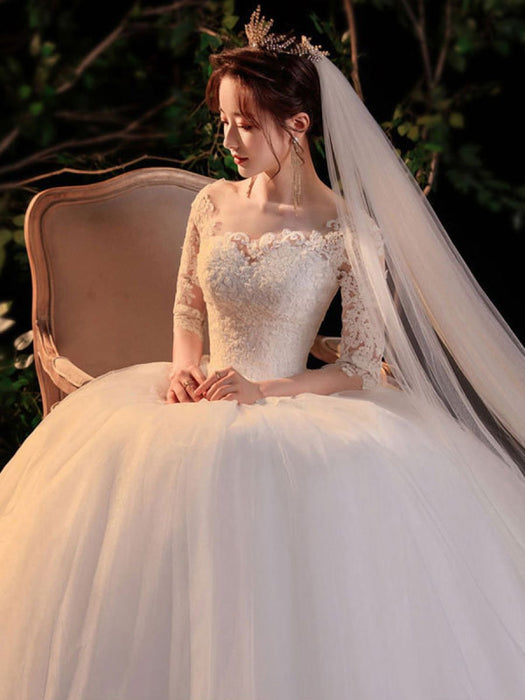 Simple Wedding Dress Eric White Ball Gown Jewel Neck Half Sleeves Applique Long Bridal Dresses