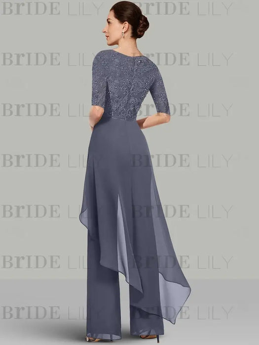 2-Piece Chiffon Mother of the Bride Pantsuit with Jewel Neck Half Sleeves and Floor-Length Design featuring Lace & Ruffles