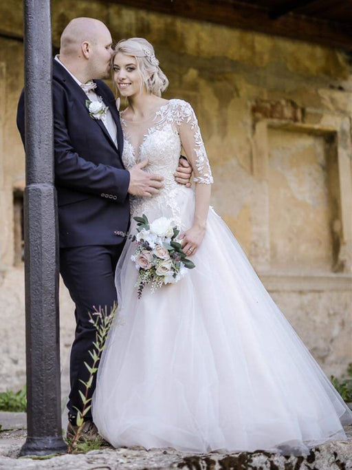 Half Sleeves V Neck White Lace Long Prom Dresses, White Lace Wedding Dresses, White Formal Evening Dresses 