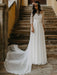 White Simple Wedding Dress Lace Jewel Neck Half Sleeves Backless A-Line Lace Chiffon Long Bridal Gowns