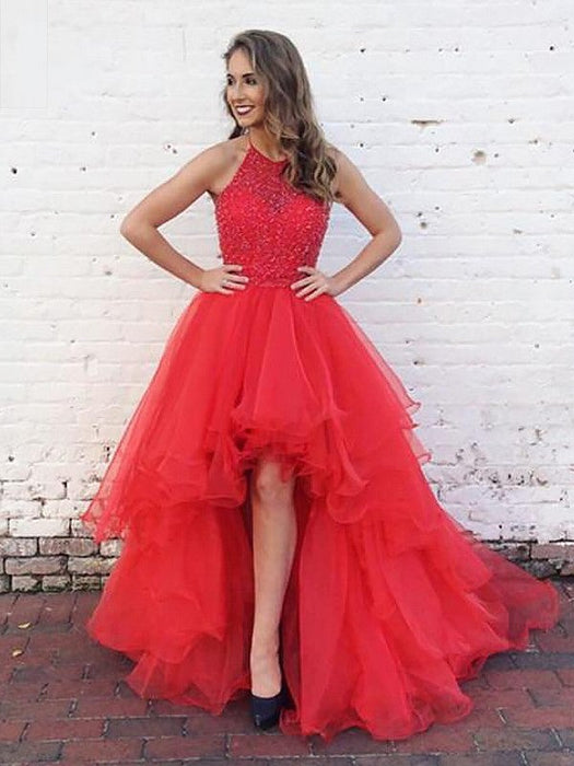 Ball Gown Halter Sleeveless Beading Sweep/Brush Train Tulle Dresses - Prom Dresses