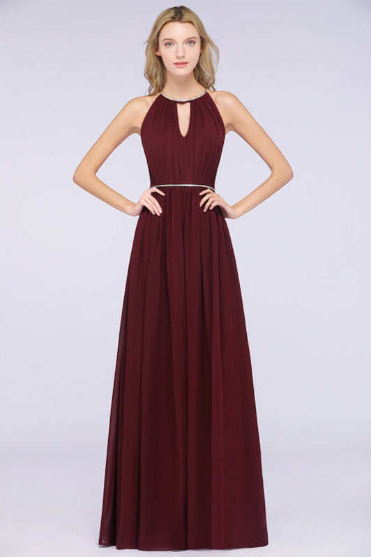 Halter Burgundy Bridesmaid Dress Long with Beadings — Bridelily