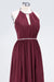 Bridelily Chic Burgundy Halter Long Backless Bridesmaid Dress with Beadings