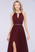 Bridelily Chic Burgundy Halter Long Backless Bridesmaid Dress with Beadings