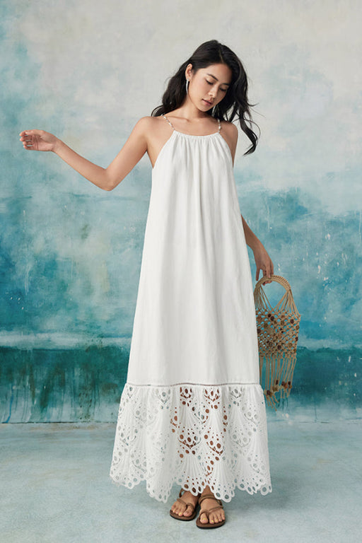 Halter Casual Summer Holiday Wear Ankle Length Floral Lace Dress - White / S - Dresses