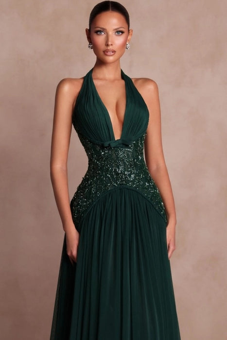 Halter Aline Evening Dress Glitter Chiffon Prom Dress with Sequins
