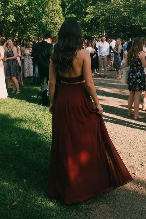 A-Line/Princess Sleeveless Halter Chiffon Floor-Length Two Piece Dresses - Prom Dresses