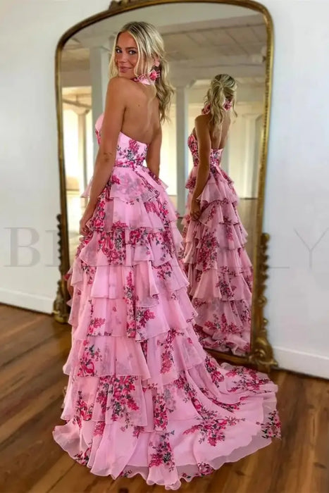 Halter Floral Pink A-Line Evening Dress | Ruffle Front Split Tulle Formal Dress Bridelily Halter Floral Pink A-Line Evening Dress | Ruffle Front Split Tulle Formal Dress Bridelily