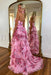 Halter Floral Pink Aline Evening Dress Ruffle Front Split Tulle Formal Dress - Prom Dresses