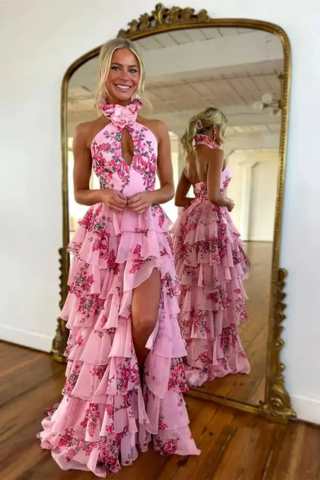Halter Floral Pink A-Line Evening Dress | Ruffle Front Split Tulle Formal Dress Bridelily Halter Floral Pink A-Line Evening Dress | Ruffle Front Split Tulle Formal Dress Bridelily