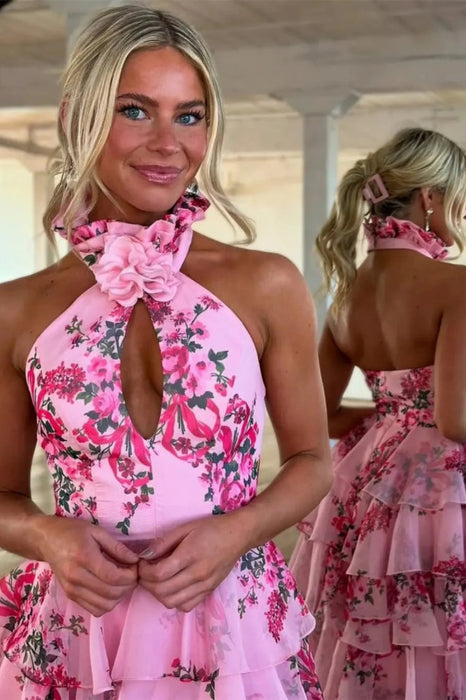 Halter Floral Pink Aline Evening Dress Ruffle Front Split Tulle Formal Dress - Prom Dresses