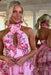 Halter Floral Pink Aline Evening Dress Ruffle Front Split Tulle Formal Dress - Prom Dresses