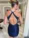 Navy Blue Rhinestone Halter Keyhole Bodycon Homecoming Dress Open Back