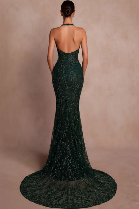 Halter Dark Green Mermaid Prom Dress Glitter Sequins Evening Gown