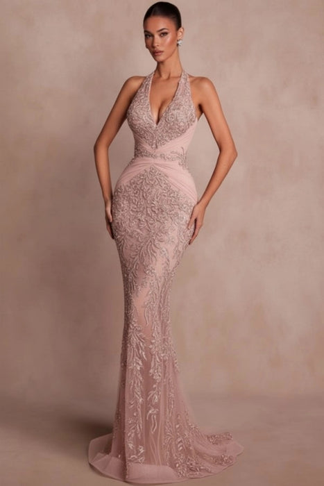 Halter Dark Green Mermaid Prom Dress Glitter Sequins Evening Gown