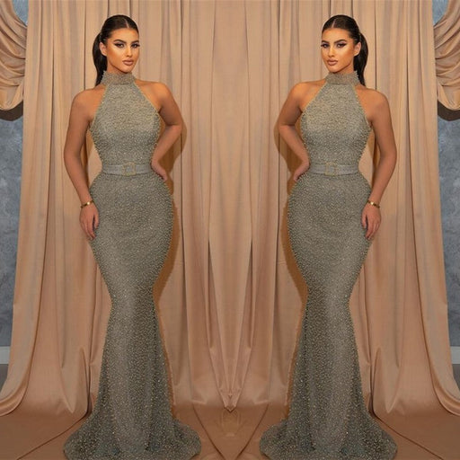 Halter Mermaid Sleeveless Evening Dress with Sequins and Belt