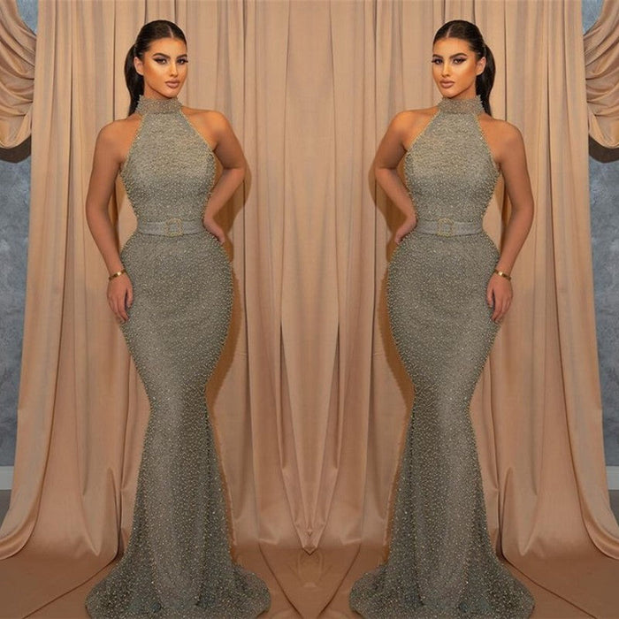 Halter Mermaid Sleeveless Evening Dress with Sequins and Belt