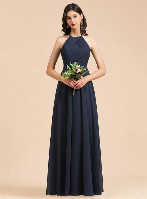 Halter Pleated Chiffon Bridesmaid Dress Aline Floor Length Wedding Guest Dress
