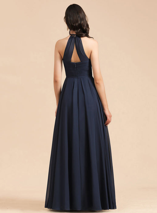 Halter Pleated Chiffon Bridesmaid Dress Aline Floor Length Wedding Guest Dress