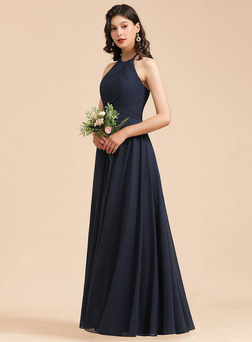 Halter Pleated Chiffon Bridesmaid Dress Aline Floor Length Wedding Guest Dress