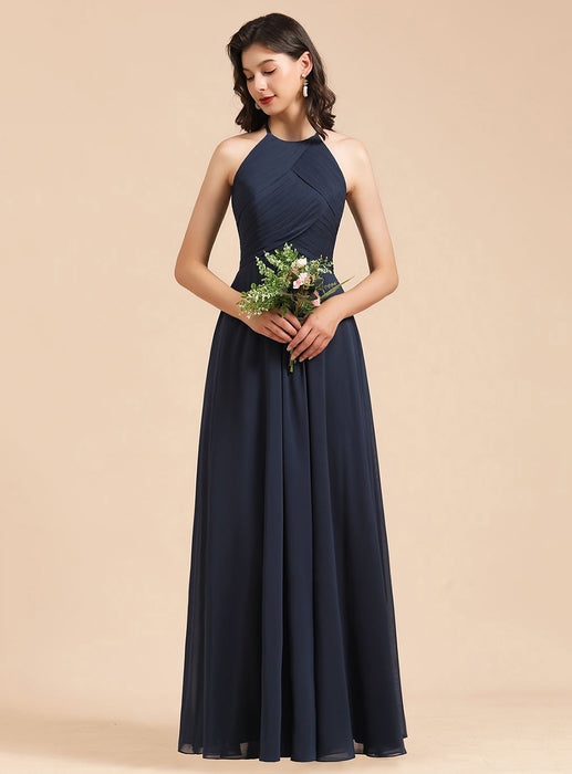 Halter Pleated Chiffon Bridesmaid Dress Aline Floor Length Wedding Guest Dress